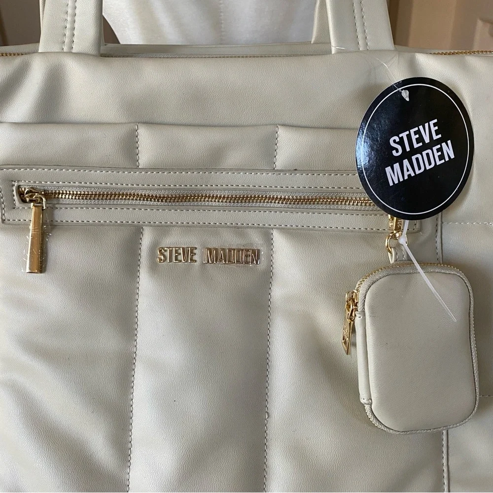 MSRP $118 Steve Madden Cream/Oatmeal Tote with Hanging Pouch and Gold Accents